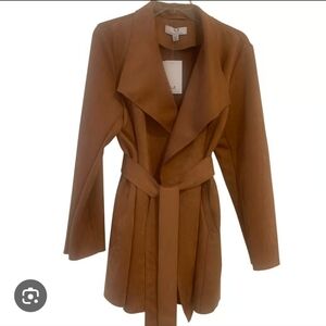 Women's Magaschoni Solid Open Front Coat Jacket Tie Belt Faux Suede Leather